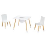 Table et 2 chaises enfant en bois blanc avec filet de rangement Table et 2 chaises enfant en bois blanc avec filet de rangement