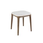 Table d'angle carre en marbre porcelaine et noyer
