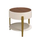 Table d'angle ronde en noyer, bois beige et acier poli plaqu or
