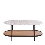Table basse 2 plateaux en verre trempé imitation terrazzo, effet bois clair et métal noir l110 Table basse 2 plateaux en verre trempé imitation terrazzo, effet bois clair et métal noir l110