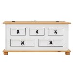Table basse 5 tiroirs en bois massif, blanc / brun