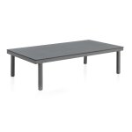 Table basse en aluminium taupe et verre tremp effet pierre 70x130 cm
