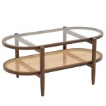 Table basse en bois verre rotin 2 niveaux ovale style vintage l102 Table basse en bois verre rotin 2 niveaux ovale style vintage l102