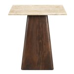 Table basse carre 45x45 cm, travertin et manguier teint noyer