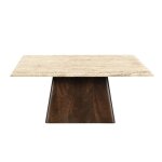 Table basse carre 75 x75 cm, travertin et manguier teint noyer