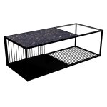 Table basse en fer forg avec verre et effet marbr noir