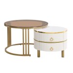 Table basse gigogne luxe blanc et dor 2 tiroirs verre teint