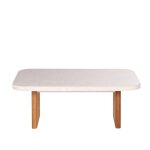 Table basse de jardin en pierre et composite effet terrazzo écru et bois de teck l110 Table basse de jardin en pierre et composite effet terrazzo écru et bois de teck l110