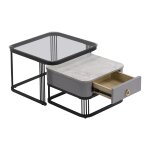 Table basse moderne bicolore verre, imitation marbre et métal noir Table basse moderne bicolore verre, imitation marbre et métal noir