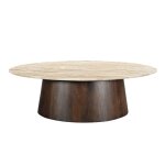 Table basse ovale 120 x 65 cm, travertin et manguier teinté noyer Table basse ovale 120 x 65 cm, travertin et manguier teinté noyer