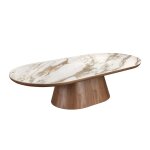 Table basse ovale demi - ronde en porcelaine et noyer