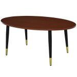 Table basse ovale style néo - rétro bas pieds dorés aspect teck foncé Table basse ovale style néo - rétro bas pieds dorés aspect teck foncé