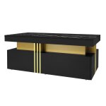 Table basse rectangulaire effet marbre noir brillant avec 2 tiroirs
