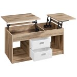 Table basse relevable avec 2 tiroirs marron camel et blanc nuage