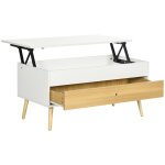 Table basse relevable - tiroir, coffre - blanc aspect bois clair