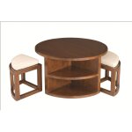 Table basse ronde 2 tabourets avec coussins en mindi d90