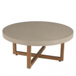 Table basse ronde 92x92cm en béton beige pieds croisés en teck d92 Table basse ronde 92x92cm en béton beige pieds croisés en teck d92