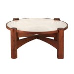 Table basse ronde en bois d'acacia et cramique crue effet zellige d100