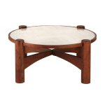 Table basse ronde en bois d'acacia et cramique crue effet zellige d100