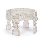 Table basse ronde en bois de manguier blanchi sculpt
