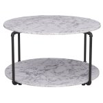 Table basse ronde avec tagre imitation marbre blanc mtal noir