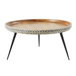 Table basse ronde en manguier massif sculpté et métal noir d71 Table basse ronde en manguier massif sculpté et métal noir d71