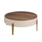 Table basse ronde en noyer, bois beige et acier poli dor