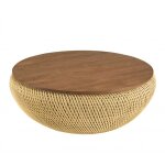 Table basse ronde en rotin beige plateau amovible d100