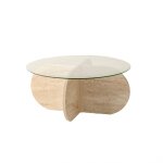 Table basse ronde en verre et effet travertin beige