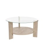 Table basse ronde en verre tremp� et effet travertin �75cm - beige