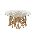 Table basse de salon ronde en teck et verre d80