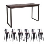 Table et chaises hautes en orme massif fonc et acier gris