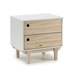 Table de chevet avec 2 tiroirs en couleur blanc, pieds bois naturel Table de chevet avec 2 tiroirs en couleur blanc, pieds bois naturel