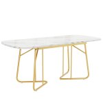 Table d'extrieur marbre blanc avec pieds dors en mtal