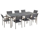 Table de jardin en granit et inox et 8 chaises en acier inox