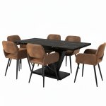 Table � manger effet marbre noir avec 6 chaises en simili cuir brun