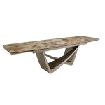 Table à manger extensible ovale en marbre porcelaine et acier taupe Table à manger extensible ovale en marbre porcelaine et acier taupe
