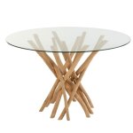 Table à manger ronde 120cm en verre pieds bois manille naturel Table à manger ronde 120cm en verre pieds bois manille naturel