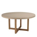 Table à manger ronde béton beige pieds croisés en teck d153 Table à manger ronde béton beige pieds croisés en teck d153