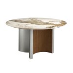 Table  manger ronde en marbre porcelaine, noyer et bois argent