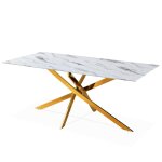 Table rectangulaire en verre effet marbre et pieds doré 6 personnes Table rectangulaire en verre effet marbre et pieds doré 6 personnes