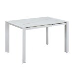 Table repas allongeable plateau c�ramique marbr� blanc pieds m�tal bl