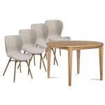 Table ronde extensible pieds fuseau d115 + 4 chaises tissu amande