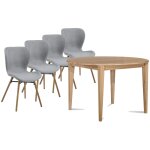 Table ronde extensible pieds fuseau d115 + 4 chaises tissu gris clair