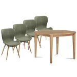 Table ronde extensible pieds fuseau d115 + 4 chaises tissu kaki