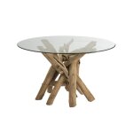 Table ronde en verre et bois flotté chêne clair Table ronde en verre et bois flotté chêne clair