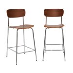 Tabouret de bar vintage effet noyer et pieds métal chromé (lot de 2) Tabouret de bar vintage effet noyer et pieds métal chromé (lot de 2)
