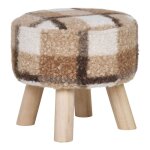 Tabouret bas tissu boucl imprim ecossais pieds en pin naturel
