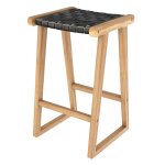 Tabouret pour �lot central 65 cm en teck et cuir tress� noir
