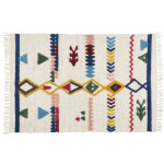 Tapis tuft style berbre en coton recycl et laine cru motifs multicolores  franges 140x200